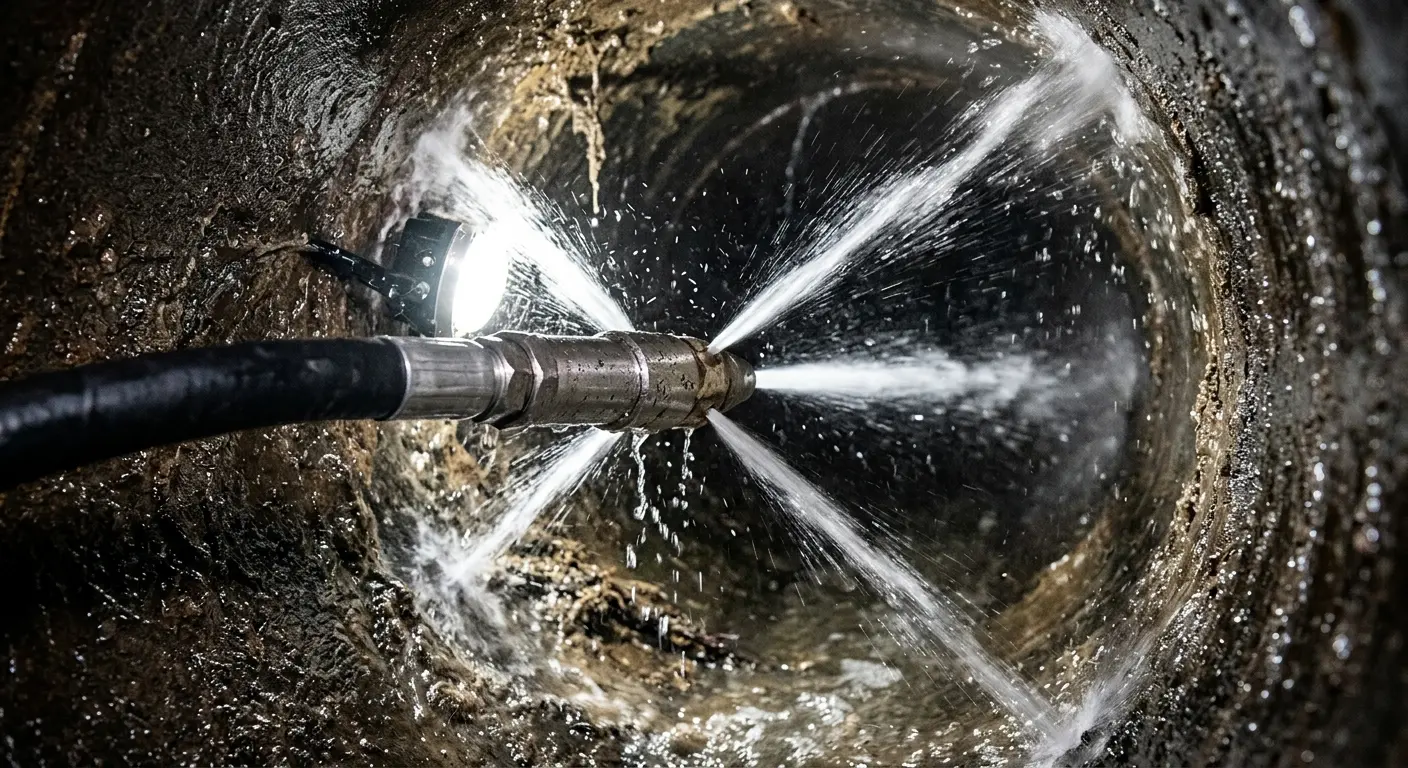High-pressure hydro jetting nozzle cleaning sewer pipe for Trenchless Sewer Repair in Riverdale Park