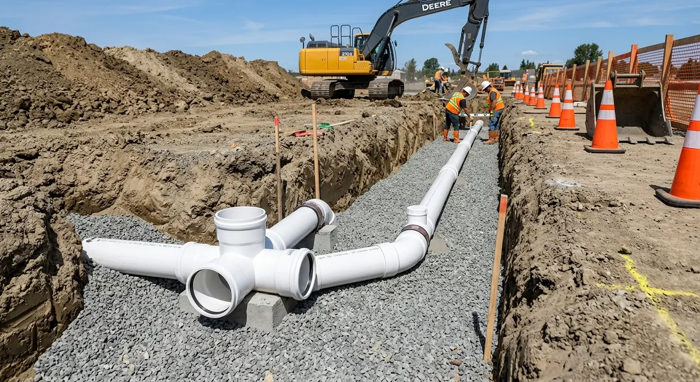 New PVC sewer pipe installation in open trench for Commercial Drain Cleaning in Riverdale Park