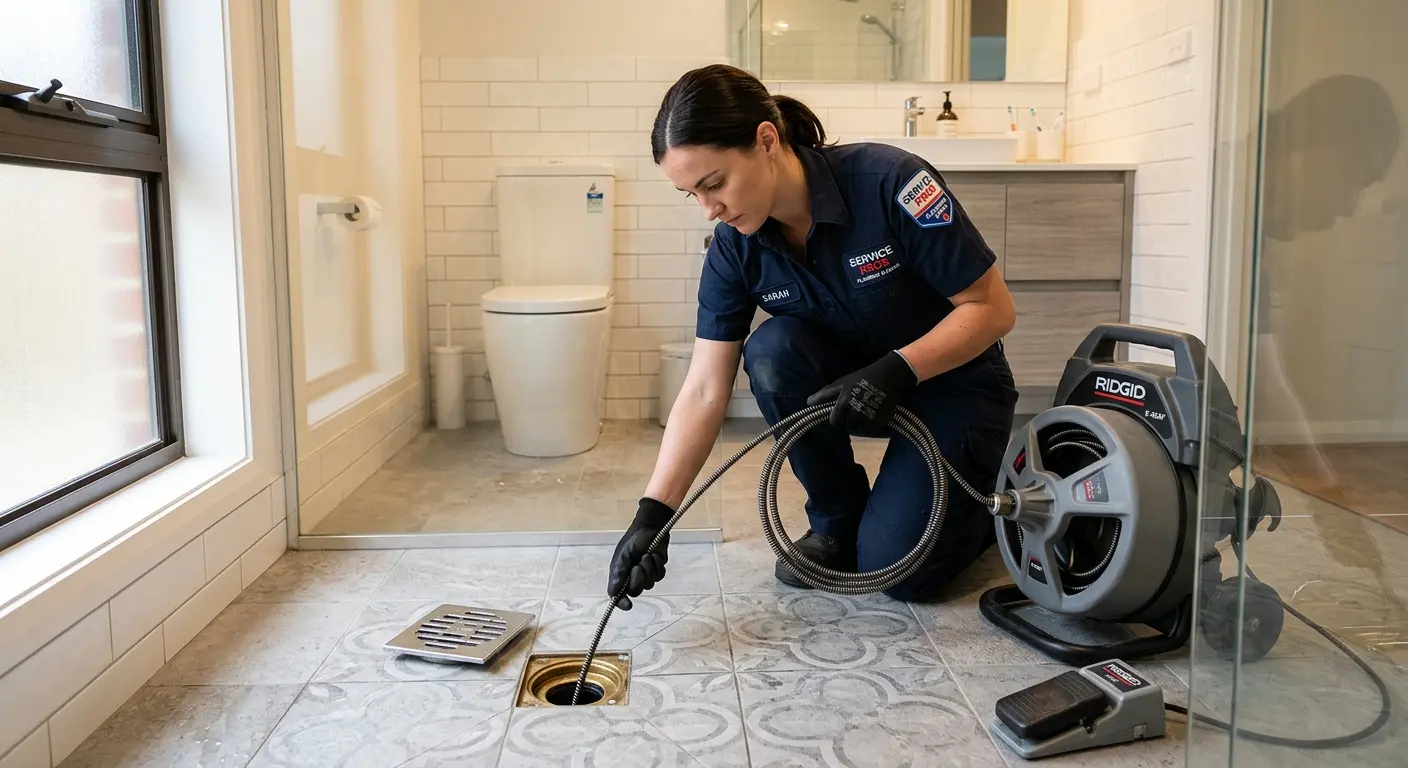 Technician clearing a bathroom floor drain for Clogged Drain Repair in Riverdale Park